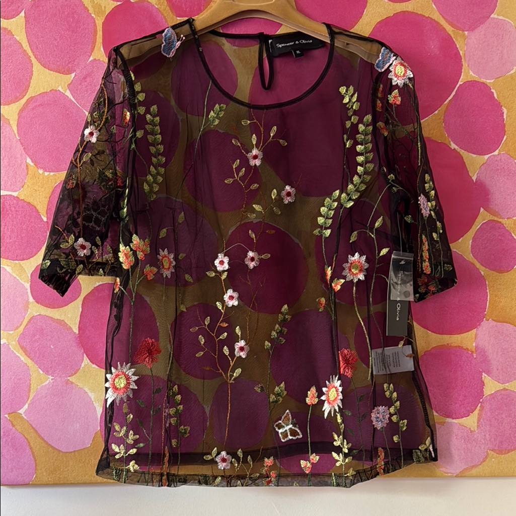 Nwt Oliver Spencer Sheer Floral Embroidered Short Sleeved Blouse -Black Sheer